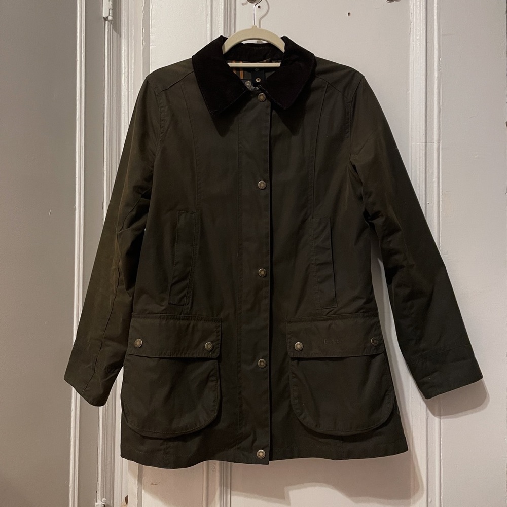 Barbour Beadnell Corduroy Trimmed Waxed Cotton Jacket Dark Green UK 12 / US 8